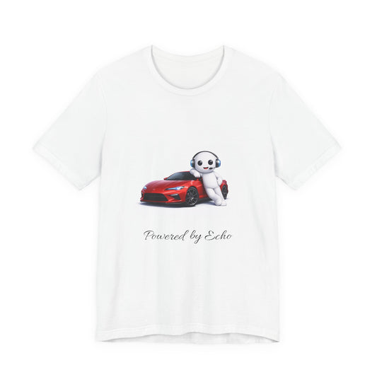 Bear Mascot with Red Sports Car Tee — "Powered by Echo" Graphic T-Shirt