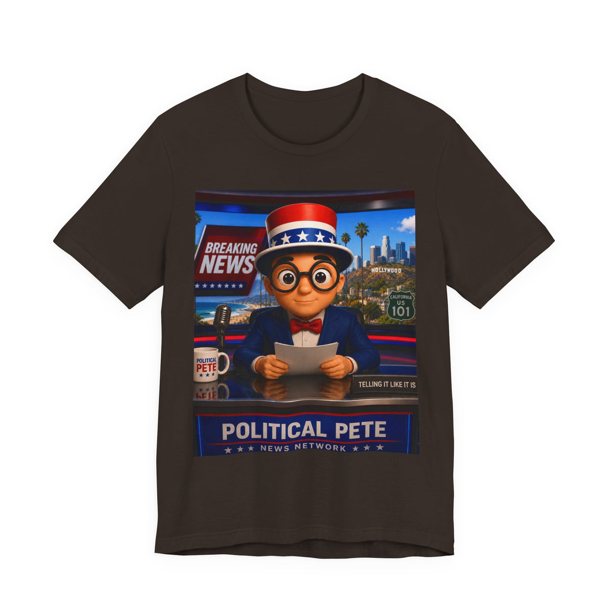 Political Pete Graphic Tee - Patriotic Breaking News Newsroom Design