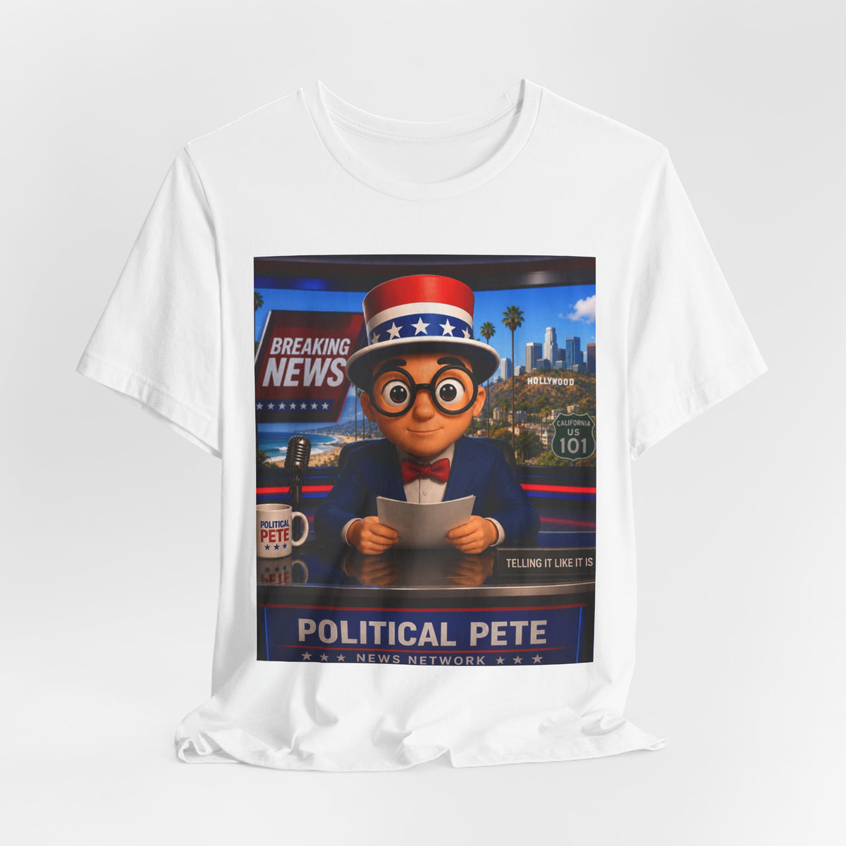 Political Pete Graphic Tee - Patriotic Breaking News Newsroom Design