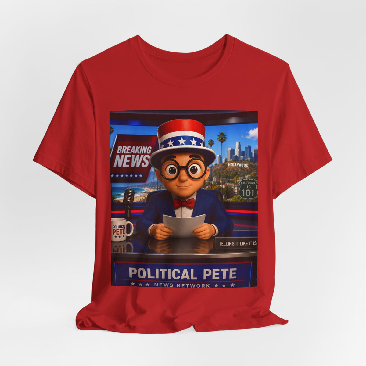 Political Pete Graphic Tee - Patriotic Breaking News Newsroom Design