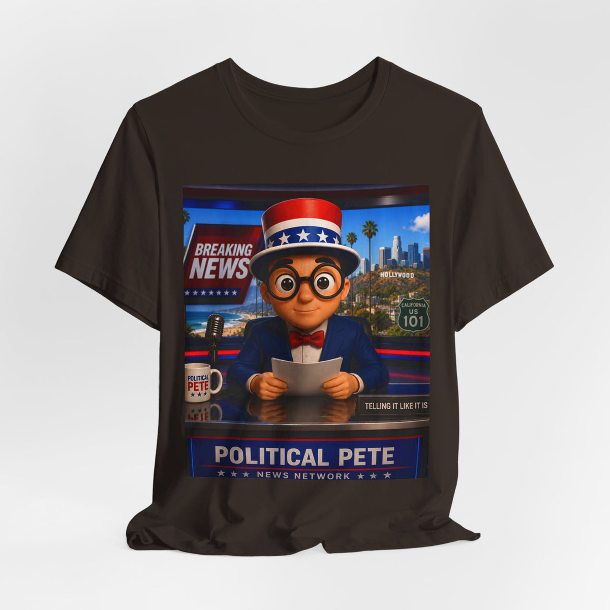 Political Pete Graphic Tee - Patriotic Breaking News Newsroom Design