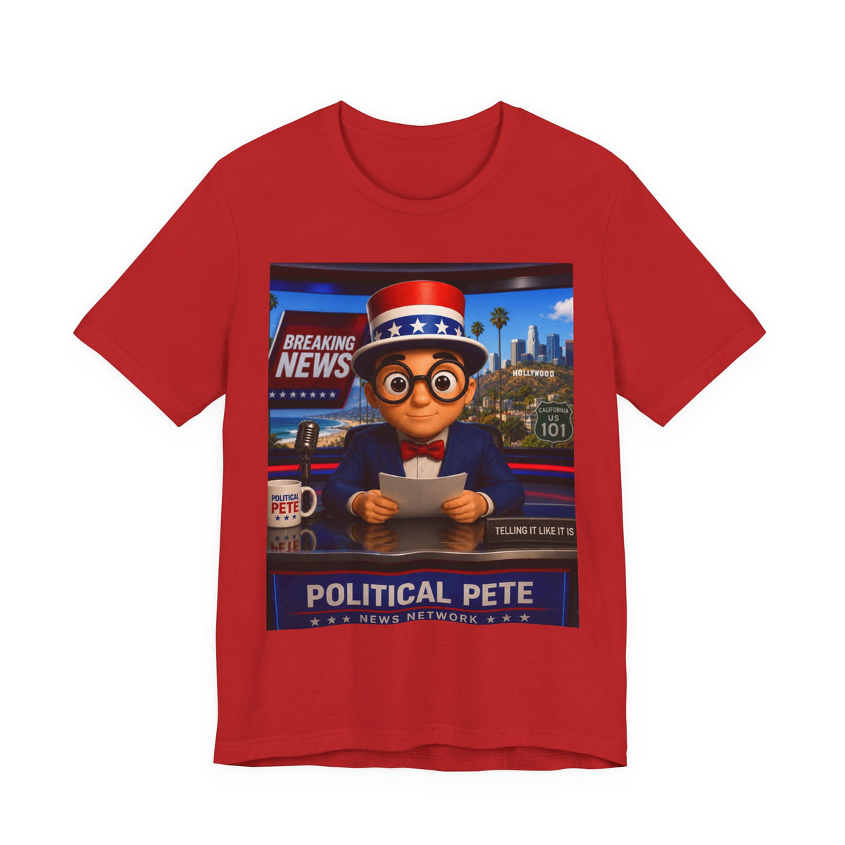Political Pete Graphic Tee - Patriotic Breaking News Newsroom Design