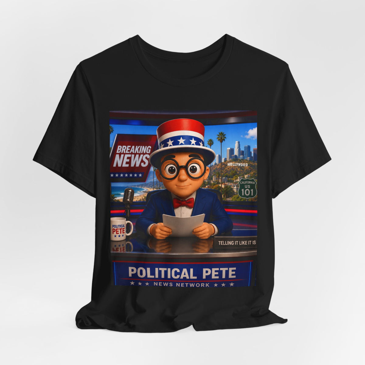 Political Pete Graphic Tee - Patriotic Breaking News Newsroom Design