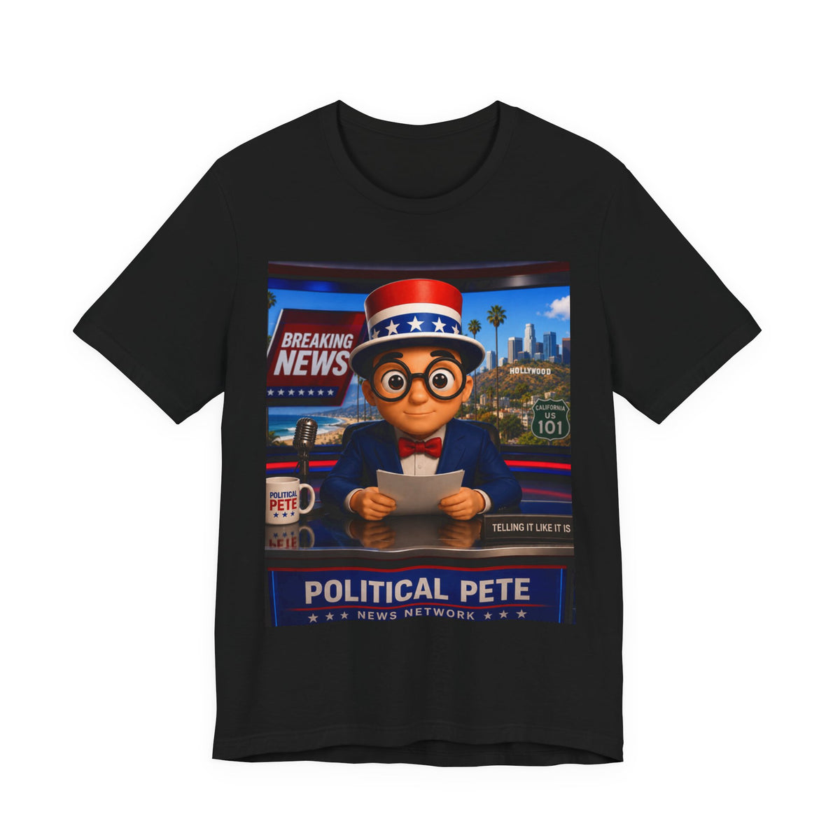 Political Pete Graphic Tee - Patriotic Breaking News Newsroom Design